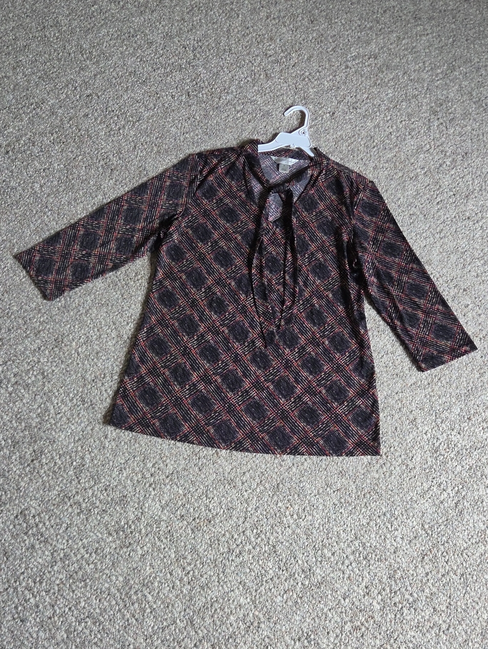 NWOT Christopher & Banks Black and Rust Plaid Tie-Neck Tunic